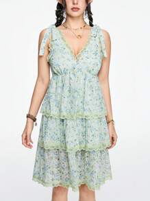 ROMWE Fairycore 小花印花鏤空花邊系帶雙肩無袖裙，適合夏季度假 - 綠色 - 查看 7