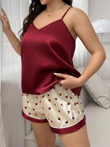 Plus Size Satin Camisole Top And Color-Block Heart Printed Shorts Pajama Set - Burgundy - View 6