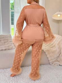 Conjunto de pijama de verano de talla grande con parte superior de manga ancha con cinturón y pantalones, con encaje 3D, malla acolchada con estampado de corazones