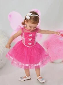 SHEIN 2pcs Baby Girls' Lovely And Fun 3D Butterfly Mesh Dress Costume With Butterfly Wings, Costume Set - Hot Pink - View 5