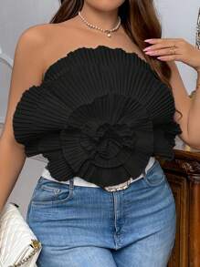 SHEIN Privé Plus Size Exquisite Pleated Tight Fit Women's Top For Spring/Summer Vacation, Date Night Or Beach Party - Black - View 3