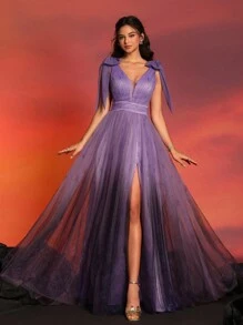 A 字形 V 领薄纱晚礼服，高开叉，蝴蝶结袖，正式舞会婚礼宾客礼服，适合晚宴 - 紫色 - 查看 1