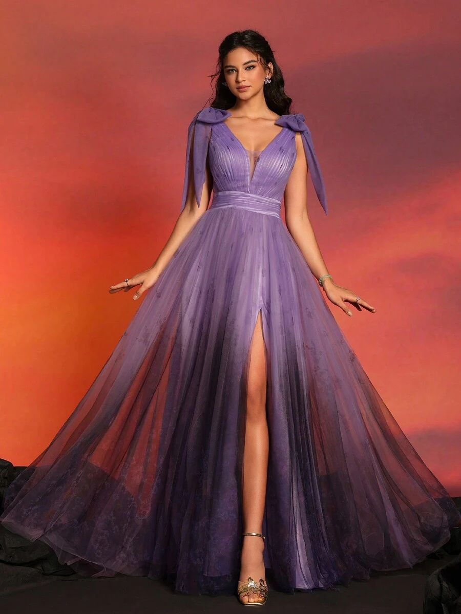 A 字形 V 领薄纱晚礼服，高开叉，蝴蝶结袖，正式舞会婚礼宾客礼服，适合晚宴 - 紫色 - 查看 1