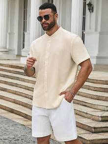 Manfinity CasualMax Men's Plus Size Solid Color Short Sleeve Button Up Single-Breasted Casual Shirt For Summer - Apricot - View 3