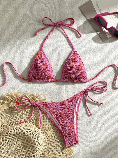 Swim Mod Conjunto de bikini sexy para mujer con estampado floral de verano, copa push-up y cuello halter con lazo