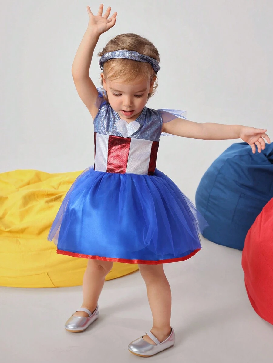 SHEIN Baby Girls' Cute & Fun Heart Symbols Net Yarn Flutter Sleeve Dress, Casual - Multicolor - View 1