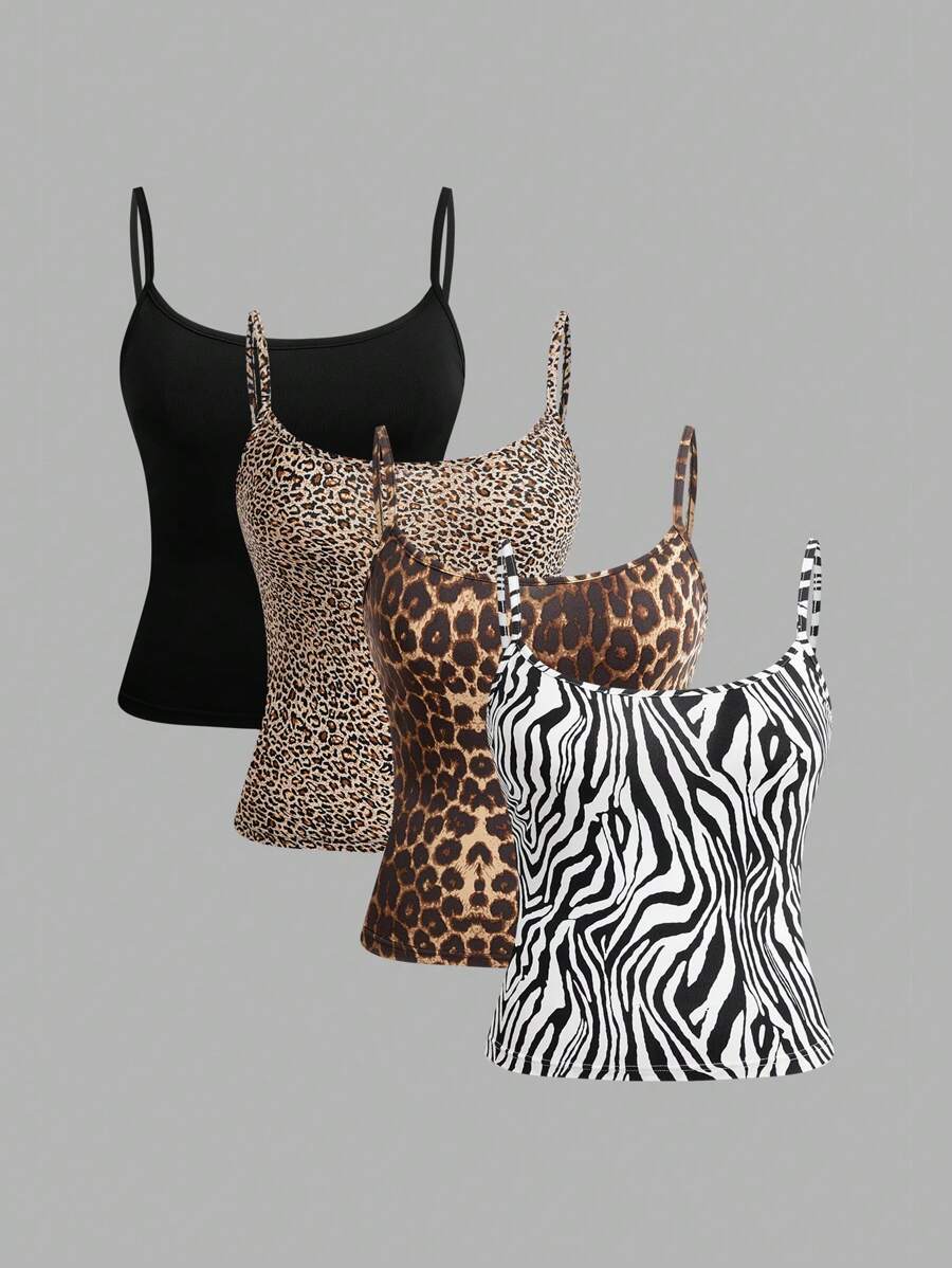 SHEIN EZwear 4 件套豹纹和斑马纹简约无袖吊带背心，女士，夏季 - 彩色 - 查看 1