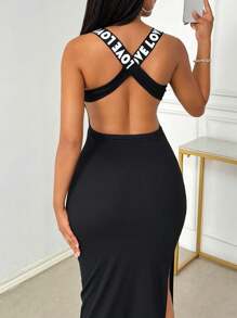 Breezaya 女士无袖露背大腿高开叉字母印花夏季长款连衣裙女装