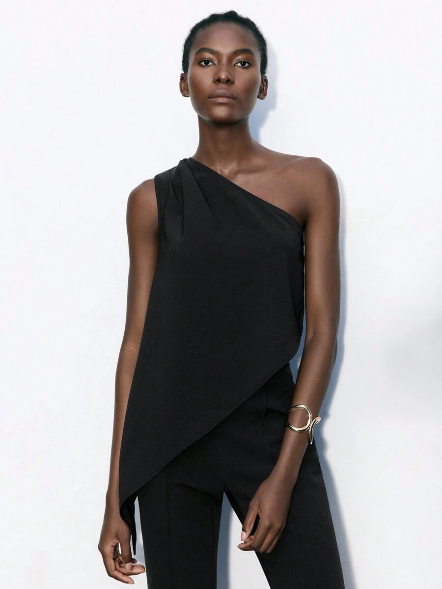 Maija 2025春夏早秋七月四日毕业季女士黑色纯色不对称领口无袖休闲背心 - 黑色 - 查看 1