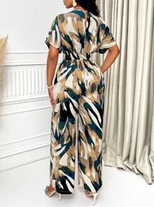 VaVaBold Allover Print Batwing Sleeve Belted Jumpsuit For Summer - Brown - View 2