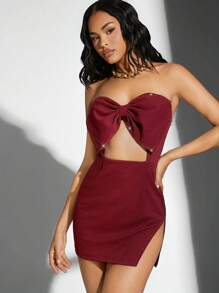 Hauture Big Bow Gem Trim Cut Out Side Slit Mini Dress - Burgundy - View 1