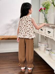 SHEIN Leap Crew Bộ 2 chiếc áo không tay họa tiết hoa Ditsy của cô gái trẻ với viền ren cổ tròn và dáng rộng kiểu dáng dệt liền Bộ quần Jogger - Nhiều màu - Xem 8