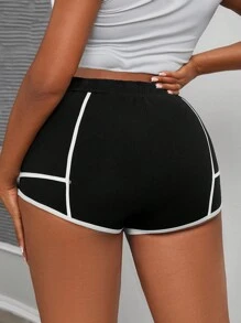 Maweii Plus Contrast Binding Drawstring Waist Shorts For Summer - Black - View 2