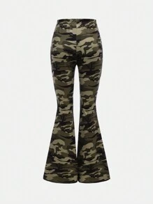 SHEIN Girlism Tween Girl Camouflage Pattern High Waist Casual & Comfortable Flared Long Pants - Green - View 2