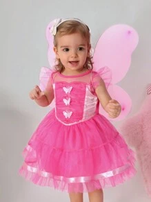 SHEIN 2pcs Baby Girls' Lovely And Fun 3D Butterfly Mesh Dress Costume With Butterfly Wings, Costume Set - Hot Pink - View 1