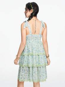 ROMWE Fairycore 小花印花鏤空花邊系帶雙肩無袖裙，適合夏季度假 - 綠色 - 查看 4