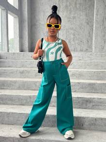 SHEIN Girls Marble & Floral Print Tank Top & Drawstring Waist Trousers - Multicolor - View 1