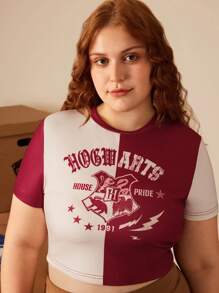 HARRY POTTER X SHEIN Camiseta de talla grande casual clásica con bloque de color y diseño de Hogwarts, adecuada para uso diario