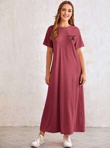 Mulvari Letter Graphic Drop Shoulder Tee Dress - Red - View 1