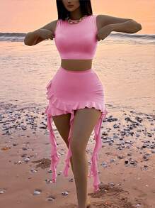 Zolique Conjunto de falda mini asimétrica de volantes lisos y top corto