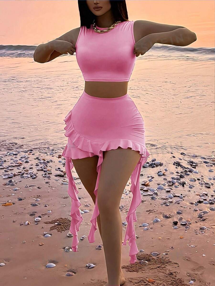Zolique Conjunto de falda mini asimétrica de volantes lisos y top corto
