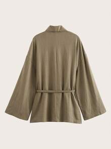 Solid Color Belted Kimono Style Lightweight Jacket, Long Sleeve - Khaki - View 2