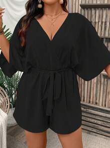 SHEIN 大码女式纯色 V 领镂空系带连体衣 - 黑色 - 查看 5