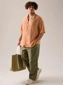 Manfinity VCAY Men's Plus Size Casual Woven Loose Fit Drop-Shoulder Mandarin Collar Short Sleeve Shirt, Suitable For Summer Daily Wear Plain Shirt