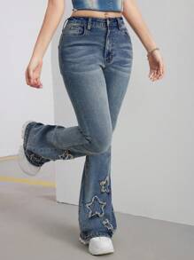SHEIN Dziewczęce dżinsy Y2K w kolorze niebieskim z wzorem gwiazdy przy kostce, letnie spodnie jeansowe w stylu boho nostalgii dzwony - Jasny jeans - Zobacz 8