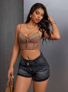 SHEIN SXY 女式生邊休閒牛仔短褲，附有口袋 - 黑色 - 查看 6