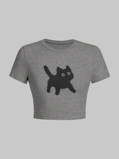 Kawaii Maglietta corta e attillata da donna con simpatico gatto nero, adatta per la scuola