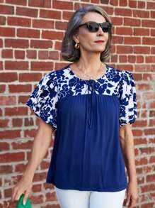 SHEIN LUNE Women Casual Summer Floral Print Tie-Down Blue Top - Blue - View 1