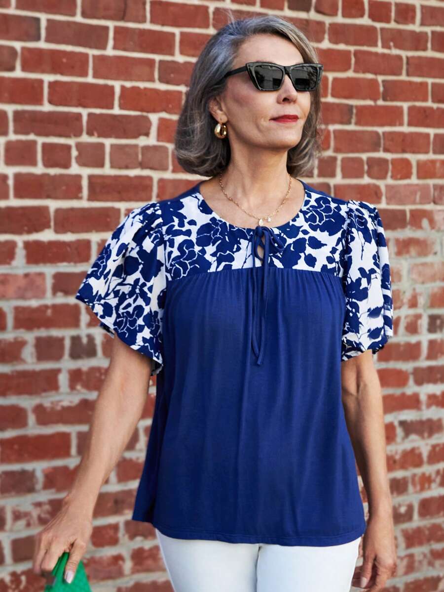SHEIN LUNE Women Casual Summer Floral Print Tie-Down Blue Top - Blue - View 1