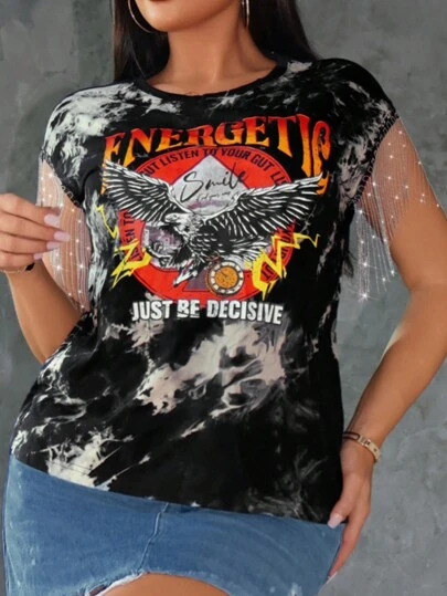 SHEIN SXY Women's Summer Eagle Letter Print Round Neck Short Sleeve T-Shirt With Tassel Trim