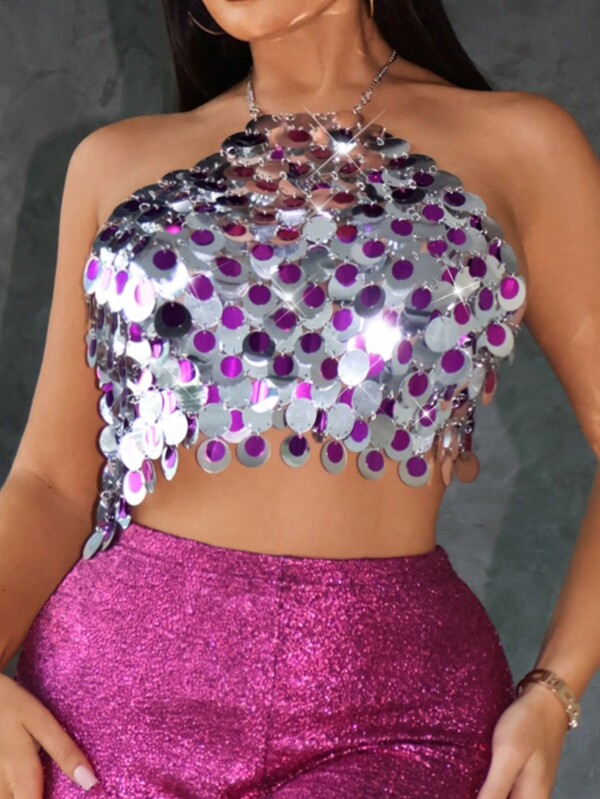 SHEIN SXY Pride Pride Club Concert Outfits Women's  Summer Sexy Backless Sparkly Halter Top