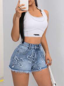 SHEIN ICON Cross Patch Women's Pockets Denim Shorts - Light Wash - View 3