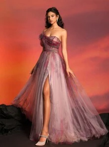 Váy dạ hội trang trọng xẻ cao đến đùi cao cấp sang trọng mới đến Váy dự tiệc cưới thanh lịch, tốt nghiệp, váy dự tiệc tối - Hồng - Xem 6