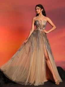 Asymmetrical Neck A-Line Floor-Length Floral Tulle Evening Dress With High Slit, Gown Elegant Formal Prom Wedding Guest Dress, For Graduation, Dinner Party Dress - Apricot - View 7