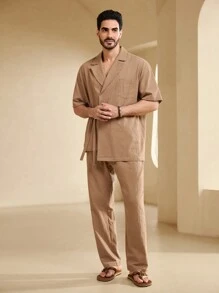 Manfinity Homme Men Solid Knot Side Blouse & Pants - Khaki - View 7