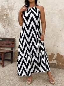 Breezaya Vestido largo con estampado de , volantes en el borde y escote halter para mujer de talla grande