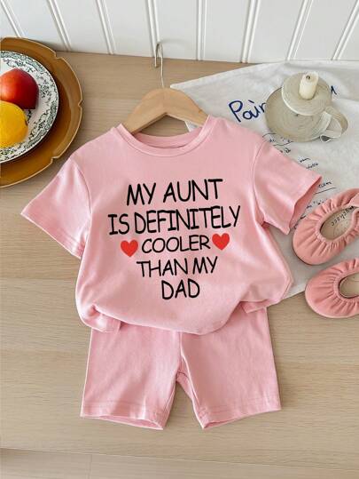 SHEIN 1 Set Baby Girl Casual Minimalist Letter Print Short Sleeve Tee & Shorts, Suitable For Summer, 95% Cotton