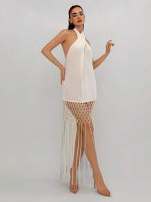 Aloruh Ladies' Apricot Sleeveless Fringed Hem Dress - Apricot - View 6