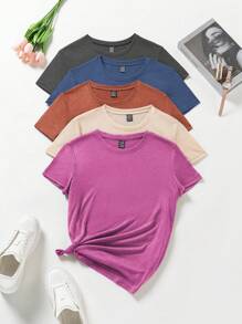 INAWLY Áo thun nữ cổ tròn ngắn tay màu trơn thường ngày mùa hè - Nhiều màu - Xem 3