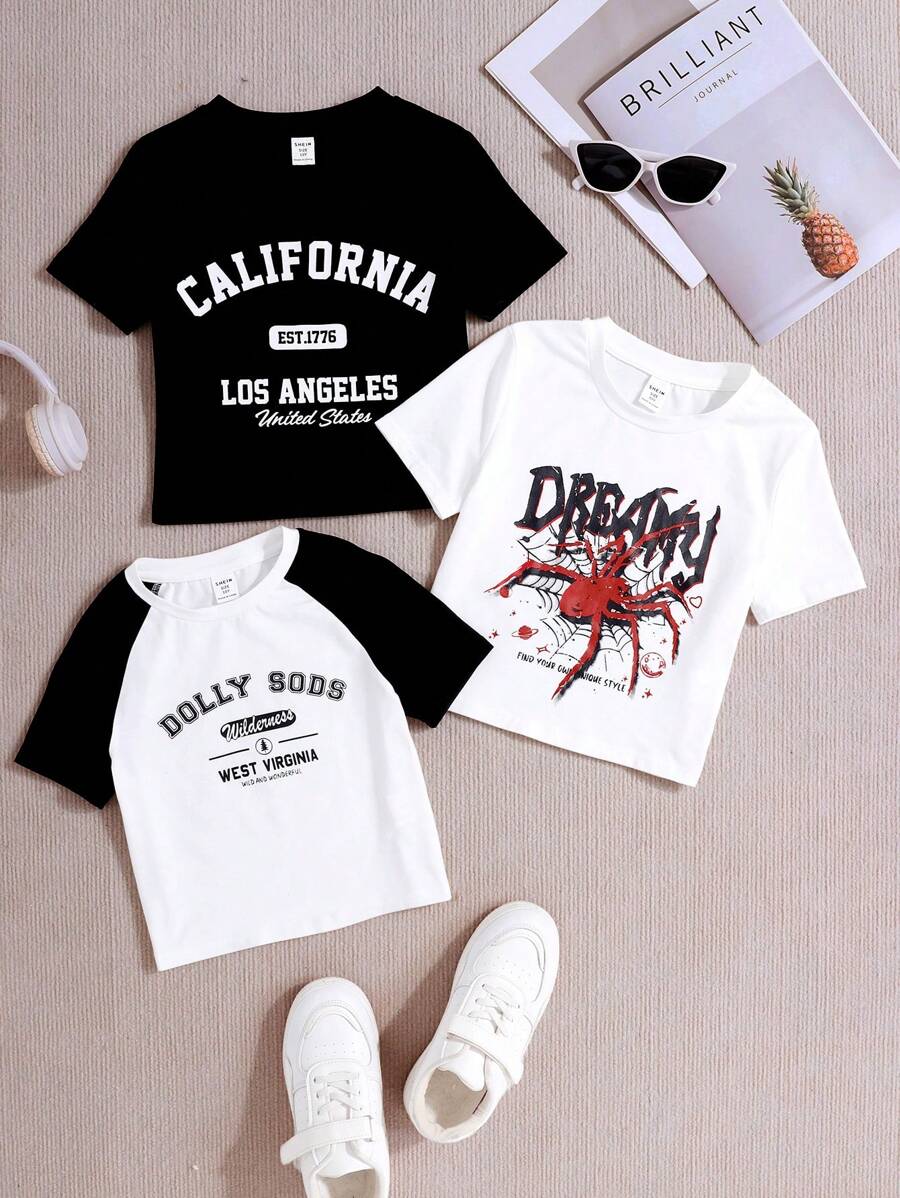 SHEIN 少女休閒圓領,套頭衫,字母印花,簡約舒適3件套的T卹包裝 - 黑與白 - 查看 1