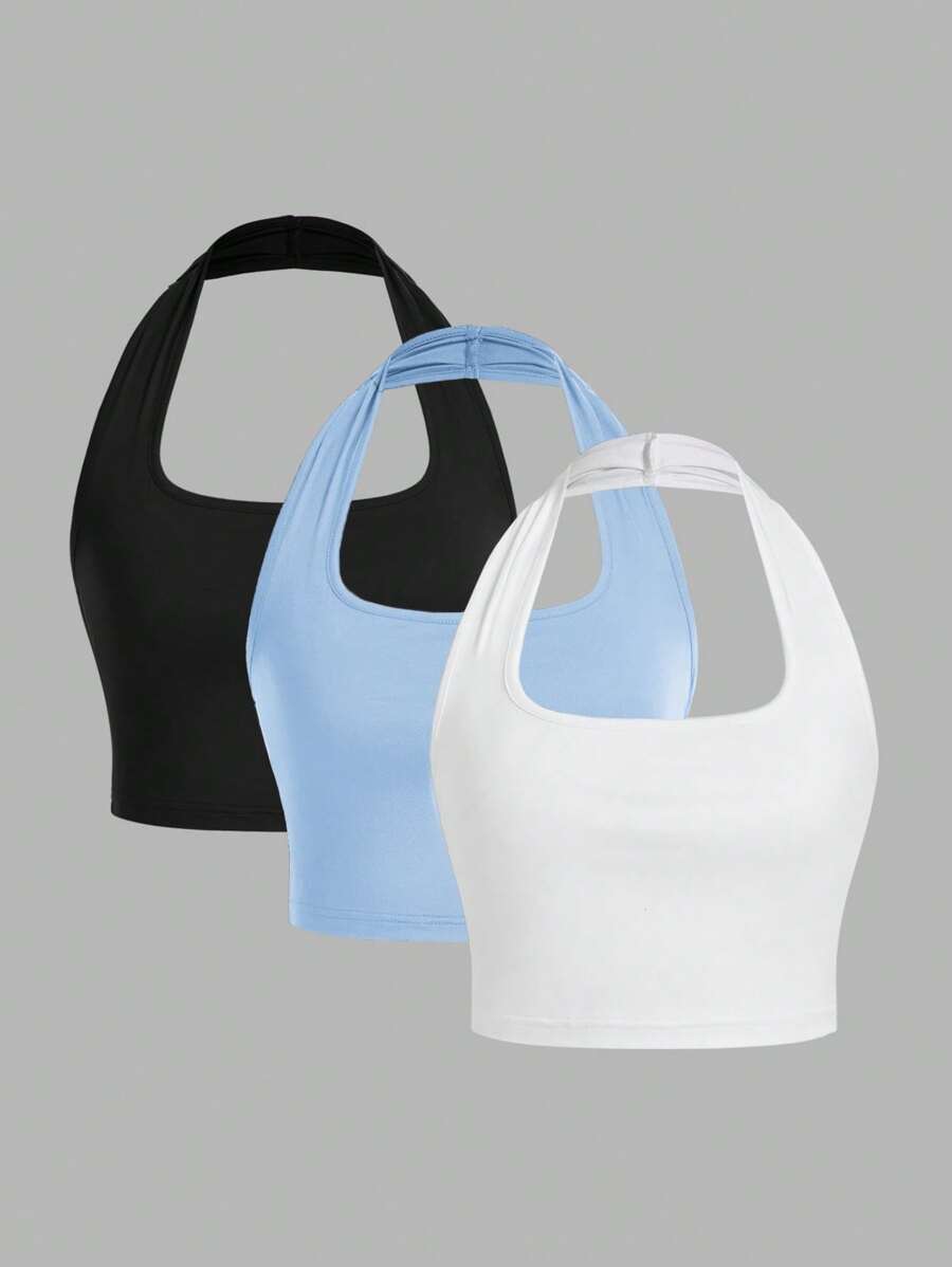 SHEIN EZwear 3入組女性休閒緊身露背上衣，適用於夏季 - 彩色 - 查看 1