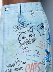 Maija Women's Back To School A-Line Denim Skirt With Graffiti Print - Blue - View 6