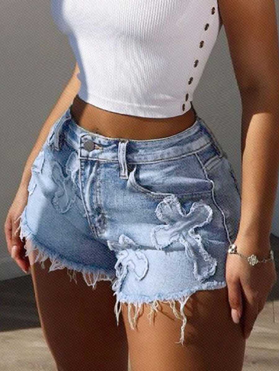 SHEIN ICON Cross Patch Women's Pockets Denim Shorts - Light Wash - View 1