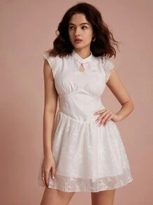 Chiquease Váy in họa tiết ngẫu nhiên theo phong cách Trung Hoa, cổ khoét sâu, tay bồng và viền xòe - trắng - Xem 2