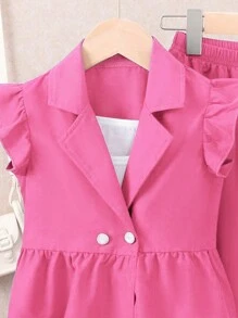 Girls' Solid Color Lace-Edge Vest And Flared Pants Set, Sleeveless - Hot Pink - View 6