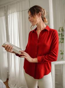 EURMUSE Solid Button Front Shirt - Red - View 3